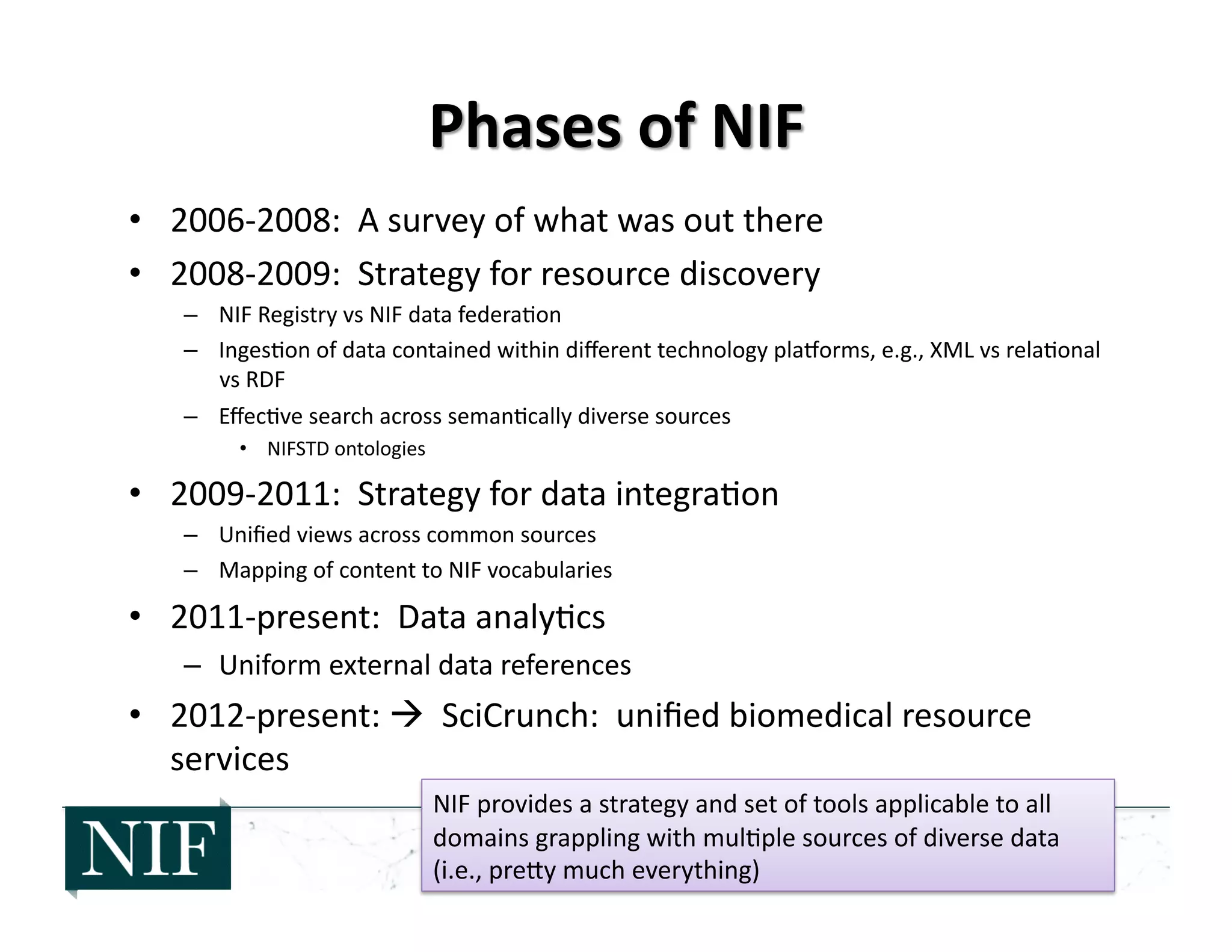 •  2006-­‐2008:	
  	
  A	
  survey	
  of	
  what	
  was	
  out	
  there	
  
•  2008-­‐2009:	
  	
  Strategy	
  for	
  resource	
  discovery	
  
–  NIF	
  Registry	
  vs	
  NIF	
  data	
  federa>on	
  
–  Inges>on	
  of	
  data	
  contained	
  within	
  diﬀerent	
  technology	
  pla]orms,	
  e.g.,	
  XML	
  vs	
  rela>onal	
  
vs	
  RDF	
  
–  Eﬀec>ve	
  search	
  across	
  seman>cally	
  diverse	
  sources	
  
•  NIFSTD	
  ontologies	
  
•  2009-­‐2011:	
  	
  Strategy	
  for	
  data	
  integra>on	
  
–  Uniﬁed	
  views	
  across	
  common	
  sources	
  
–  Mapping	
  of	
  content	
  to	
  NIF	
  vocabularies	
  
•  2011-­‐present:	
  	
  Data	
  analy>cs	
  
–  Uniform	
  external	
  data	
  references	
  
•  2012-­‐present:	
  	
  	
  SciCrunch:	
  	
  uniﬁed	
  biomedical	
  resource	
  
services	
  
NIF	
  provides	
  a	
  strategy	
  and	
  set	
  of	
  tools	
  applicable	
  to	
  all	
  
domains	
  grappling	
  with	
  mul>ple	
  sources	
  of	
  diverse	
  data	
  
(i.e.,	
  preZy	
  much	
  everything)	
  
 