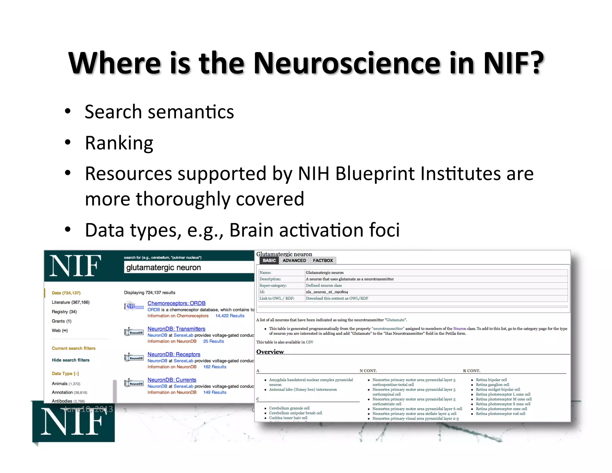 •  Search	
  seman>cs	
  
•  Ranking	
  
•  Resources	
  supported	
  by	
  NIH	
  Blueprint	
  Ins>tutes	
  are	
  
more	
  thoroughly	
  covered	
  
•  Data	
  types,	
  e.g.,	
  Brain	
  ac>va>on	
  foci	
  
June10,	
  2013	
   dkCOIN	
  Inves>gator's	
  Retreat	
   41	
  
 