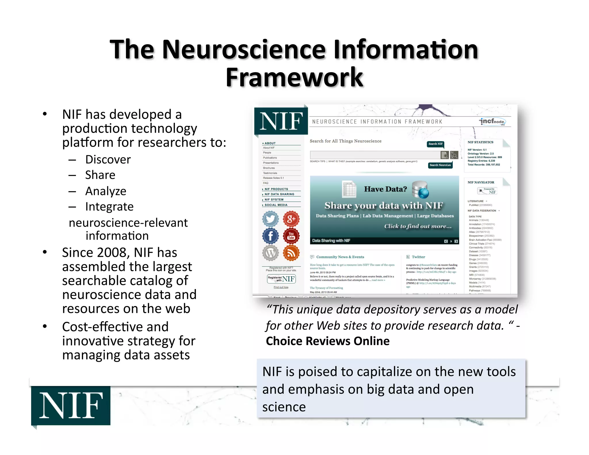 •  NIF	
  has	
  developed	
  a	
  
produc>on	
  technology	
  
pla]orm	
  for	
  researchers	
  to:	
  
–  Discover	
  
–  Share	
  
–  Analyze	
  
–  Integrate	
  	
  
neuroscience-­‐relevant	
  
informa>on	
  
•  Since	
  2008,	
  NIF	
  has	
  
assembled	
  the	
  largest	
  
searchable	
  catalog	
  of	
  
neuroscience	
  data	
  and	
  
resources	
  on	
  the	
  web	
  
•  Cost-­‐eﬀec>ve	
  and	
  
innova>ve	
  strategy	
  for	
  
managing	
  data	
  assets	
  
“This	
  unique	
  data	
  depository	
  serves	
  as	
  a	
  model	
  
for	
  other	
  Web	
  sites	
  to	
  provide	
  research	
  data.	
  “	
  -­‐	
  
Choice	
  Reviews	
  Online	
  
NIF	
  is	
  poised	
  to	
  capitalize	
  on	
  the	
  new	
  tools	
  
and	
  emphasis	
  on	
  big	
  data	
  and	
  open	
  
science	
  
 