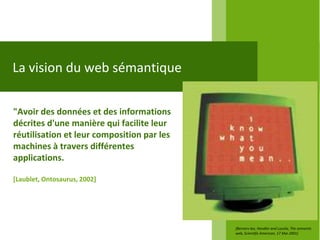 La vision du web sémantique

"Avoir des données et des informations
décrites d'une manière qui facilite leur
réutilisation et leur composition par les
machines à travers différentes
applications.

[Laublet, Ontosaurus, 2002]




                                            [Berners-lee, Hendler and Lassila, The semantic
                                            web, Scientific American, 17 Mai 2001]
 