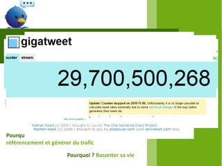 TWITTER LES USAGES

Qui l’utilise ? Particuliers, entreprises, associations,
communautés, webmarketer
                        Pourquoi ? Se créer un réseau et
                        diffuser de l’information
Pourquoi ? Faire de la veille
concurrentielle
                                    Pourquoi ? Relayer
                                    ses actualités
Pourquoi ? Améliorer son
référencement et générer du trafic

                           Pourquoi ? Raconter sa vie
 