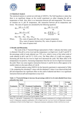 3
2.4 Statistical Analysis
The statistical analysis is carried out with help of ANOVA. The Null hypothesis is taken that
there is no significant change on the overall experiment on either changing the pH or
temperature or both. Also, there is no interaction between pH and temperature. The sources
of variation are A: pH, B: temperature, AB: interaction between pH & temperature and
Errors. The sums of squares are calculated by the following equations:
4n
(l)]-b-a[ab
SS
2
A


4n
(l)]-a-b[ab
SS
2
B


4n
b]-a-(l)[ab
SS
2
AB


4n
y
ySS
2
...
n
1i
n
1j
n
1k
2
ijkT    
SSE= SST – SSA – SSB – SSAB
Where, SSA: sums of squares pH; SSB: sums of squares temperature
SSAB: sums of squares interaction; SSE: sums of squares of errors
SST: sums of squares total
3. Results and Discussion
The result of the 22
Factorial Design represented in Table 1 indicates that better yield
is obtained if the pH is at low level and the temperature is at high level. At pH 5 and 40 °C
the percentage yield of crude alkaloid was 7.9% w/w, which is twice of the initial yield of
crude alkaloid at pH 6 and 30 °C (3.8% w/w). The Main effect of A (pH) was negative.
Increasing pH from the low level to high level decreased the yield. The Main effect of B
(temperature) was positive. Increasing temperature from the low level to high level increased
the yield. There was some negative interaction between A and B, but its effect appears to be
smaller relative to the main effects of A & B.
Statistical analysis using ANOVA for the factorial experiment is represented in Table
2. By comparing the calculated F values with the tabulated F values it was observed that both
pH and temperature has significant effect on the yield of alkaloid and there is no significant
interaction between pH and temperature at any level.
Table 1: 22
Factorial Design to increase the percentage yield (w/w) of crude alkaloid from Litsea
polyantha Juss. bark
Treatments
Factors
Treatment Combination
Replicates
% yield
Sum
Average
% yield
(w/w)A B I (i) II (j) III (k)
l - - A Low 5 B Low 20 5.2 4.6 6.1 15.9 5.3
a + - A High 7 B Low 20 3.1 4.5 2.8 10.4 3.5
b - + A Low 5 B High 40 8.9 7.2 7.6 23.7 7.9
ab + + A High 7 B High 40 4.2 3.9 5.1 13.2 4.4
B at High Level and A at Low Level gives Better Yield
Where, A = pH and B = Temperature (°C); a: Represents treatment combination of A at High Level & B at Low
Level; b: Represents treatment combination of B at High Level & A at Low Level; ab: Represents treatment
combination of both A & B at High Level; 1: Represents treatment combination of both A & B at Low Level
 