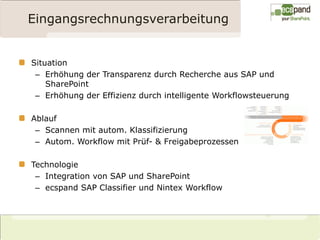 Eingangsrechnungsverarbeitung


Situation
 – Erhöhung der Transparenz durch Recherche aus SAP und
    SharePoint
 – Erhöhung der Effizienz durch intelligente Workflowsteuerung

Ablauf
 – Scannen mit autom. Klassifizierung
 – Autom. Workflow mit Prüf- & Freigabeprozessen

Technologie
 – Integration von SAP und SharePoint
 – ecspand SAP Classifier und Nintex Workflow
 