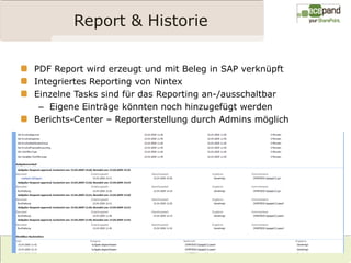 Report & Historie

PDF Report wird erzeugt und mit Beleg in SAP verknüpft
Integriertes Reporting von Nintex
Einzelne Tasks sind für das Reporting an-/ausschaltbar
 – Eigene Einträge könnten noch hinzugefügt werden
Berichts-Center – Reporterstellung durch Admins möglich
 