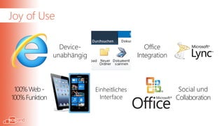 Joy of Use

                  Device-                       Office
                unabhängig                   Integration



 100% Web -                  Einheitliches                  Social und
                                                              Social
100% Funktion                  Interface                   Collaboration
 