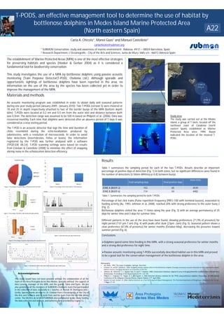 T-PODS, an effective management tool to determine the use of habitat by
                                                           bottlenose dolphins in Medes Island Marine Protected Area
                                                                              (North eastern Spain)                        A22
                                                                                                                                                                                                                                                                                                                                    Carla A. Chicote1, Manel Gazo1 and Manuel Castellote2
                                                                                                                                                                                                                                                                                                                                                                                                                                    carlachicote@submon.org
                                                                                                                                                                                              1 SUBMON Conservation, study and awareness of marine environment- Rabassa, 49-51 – 08024 Barcelona, Spain
                                                                                                                                                                                              2 Research Department, L'Oceanogràfic - City of the Arts and Sciences, Junta de Murs i Valls s/n - 46013 Valencia Spain.


     The establishment of Marine Protected Areas (MPA) is one of the most effective strategies
     for preserving habitats and species (Hooker & Gerber 2004) as it is considered a
     fundamental tool for biodiversity conservation.

     This study investigates the use of a MPA by bottlenose dolphins using passive acoustic
     monitoring (Train Porpoise Detector(T-POD), Chelonia Ltd.). Although sporadic and
     opportunistic sightings of bottlenose dolphins have been reported in the area, no
                                                                                                                                                                                                                                                                                                                                                                                                                                                                                                                                                                              ZONE B
     information on the use of the area by the species has been collected yet in order to                                                                                                                                                                                                                                                                                                                                                                                                                                                                                     (Buoy 6)
     improve the management of the MPA.
     Materials and methods
                                                                                                                                                                                                                                                                                                                                                                                                                                                                                                                                                                                      ZONE A
     An acoustic monitoring program was established in order to obtain daily and seasonal patterns                                                                                                                                                                                                                                                                                                                                                                                                                                                                                    (Buoy 2)

     during one year study period (January 2009 - January 2010). Two T-PODs (version 5) were moored at
     18 and 25 m depth respectively attached to two of the border buoys of the MPA (bottom depth
     60m). T-PODs were located at 0,2 nm and 0,5 nm from the outer islet and distance between both
     was 0,5nm. The detection range was assumed to be 500 m based on Philpott et al. (2006). Data was                                                                                                                                                                                                                                                                                                                                                                                                                                   Study area
     recovered monthly. Each time that dolphins were detected after an absence period of 7 days it was                                                                                                                                                                                                                                                                                                                                                                                                                                  The study was carried out at the Medes
     considered as a new visiting period.                                                                                                                                                                                                                                                                                                                                                                                                                                                                                               Island, a group of 7 islets, located off the
                                                                                                                                                                                                                                                                                                                                                                                                                                                                                                                                        northeast coast of Catalonia (north
     The T-POD is an acoustic detector that logs the time and duration of                                                                                                                                                                                                                                                                                                                                                                                                                                                               eastern Spain) established as Marine
     clicks resembled during the echo-localization, produced by                                                                                                                                                                                                                                                                                                                                                                                                                                                                         Protected Area since 1990. Buoys
     odontocetes, with a resolution of microseconds. In order to avoid                                                                                                                                                                                                                                                                                                                                                                                                                                                                  indicated the location of the moored T-
     false detections (invertebrates, fishes or boats), the information                                                                                                                                                                                                                                                                                                                                                                                                                                                                 PODs.
     registered by the T-POD was further analysed with a software
     (TPOD.EXE V8.24). T-POD scanning settings were based on results
     from Esteban & Castellote (2008) to minimize the effect of snapping
     shrimp noise in the echolocation detection efficiency.

                                              % positive days                                                                                                                                                   %

                                                                                                                                                                                                               25
                                                                                                                                                                                                                                                                                                                                                                                                                                         Results
                                                                                                                                                                                                               20
                                                                                                                                                                                                                                                                                                                                                                                                                                         Table 1 summarizes the sampling period for each of the two T-PODs. Results describe an important
                      35,3                                                                                                                               Buoy 2
                                                                                                                                                                                                               15
                                                                                                                                                                                                                                                                                                                                                                                                                                         percentage of positive days of detection (Fig. 1) in both zones, but no significant differences were found in
                                                                                                                                                                                                               10                                                                                                                                                                                                                        the number of detections (U Mann-Whitney p=0,8) between buoys.
                                                                                                                                                         Buoy 6
                                                                                                              42,5                                                                                                    5
                                                                                                                                                                                                                                                                                                                                                                                                                                                                                                                                                                   Total clicks
                                                                                                                                                                                                                      0
                                                                                                                                                                                                                                                                                                                                                                                                                                                                              Total sampling days                             Total positive days
                                                                                                                                                                                                                                                      Buoy 2                                                                                                         Buoy 6
Figure 1. Percentage of positive days of detected trains of clicks                                                                                                                                                           Figure 2. Percentage of fast clicks trains (>100 clicks/sec)
                                                                                                                                                                                                                                                                                                                                                                                                                                          ZONE A (BUOY 2)                                          153                                    65                           4539
                  %

                 80
                                                                                                                                                                                                              N clicks                                                                                                                                                                                                                    ZONE B (BUOY 6)                                          114                                    54                           4482
                                                                                                                                                                                                                                                                                         Buoy 6
                  70

                      60                                                                                                                                                                                 200
                                                                                                                                                                                                         180
                                                                                                                                                                                                                                                                                                                                                                                                                                          Table 1. Summarizes the sampling period for both T-PODs.
                      50                                                                                                                                                                                 160


                                                                                                                                                                                                                                                                                                                                                                                                                                         Percentage of fast click trains (Pulse repetition frequency (PRF)>100 with terminal buzzes), associated to
                                                                                                                                                                                                         140
                      40                                                                                                              Daytime                                                            120
                                                                                                                                                                                                         100
                      30
                                                                                                                                      Nightime                                                            80
                      20

                      10
                                                                                                                                                                                                          60
                                                                                                                                                                                                          40
                                                                                                                                                                                                          20
                                                                                                                                                                                                                                                                                                                                                                                                                                         feeding activity (Au. 1993, Johnson et al. 2008), reached 20% with strong preference to the outer buoy 2
                                                                                                                                                                                                                                                                                                                                                                                                                                         (Fig. 2).
                                                                                                                                                                                                           0
                       0
                                                                                                                                                                                                                      01/02/2009
                                                                                                                                                                                                                      08/02/2009
                                                                                                                                                                                                                      15/02/2009
                                                                                                                                                                                                                      22/02/2009
                                                                                                                                                                                                                      01/03/2009
                                                                                                                                                                                                                      08/03/2009
                                                                                                                                                                                                                      15/03/2009
                                                                                                                                                                                                                      22/03/2009
                                                                                                                                                                                                                      29/03/2009
                                                                                                                                                                                                                      05/04/2009
                                                                                                                                                                                                                      12/04/2009
                                                                                                                                                                                                                      19/04/2009
                                                                                                                                                                                                                      26/04/2009
                                                                                                                                                                                                                      03/05/2009
                                                                                                                                                                                                                      10/05/2009
                                                                                                                                                                                                                      17/05/2009
                                                                                                                                                                                                                      24/05/2009
                                                                                                                                                                                                                      31/05/2009
                                                                                                                                                                                                                      07/06/2009
                                                                                                                                                                                                                      14/06/2009
                                                                                                                                                                                                                      21/06/2009
                                                                                                                                                                                                                      28/06/2009
                                                                                                                                                                                                                      05/07/2009
                                                                                                                                                                                                                      12/07/2009
                                                                                                                                                                                                                      19/07/2009
                                                                                                                                                                                                                      26/07/2009
                                                                                                                                                                                                                      02/08/2009
                                                                                                                                                                                                                      09/08/2009
                                                                                                                                                                                                                      16/08/2009
                                                                                                                                                                                                                      23/08/2009
                                                                                                                                                                                                                      30/08/2009
                                                                                                                                                                                                                      06/09/2009
                                                                                                                                                                                                                      13/09/2009
                                                                                                                                                                                                                      20/09/2009
                                                                                                                                                                                                                      27/09/2009
                                                                                                                                                                                                                      04/10/2009
                                                                                                                                                                                                                      11/10/2009
                                                                                                                                                                                                                      18/10/2009
                                                                                                                                                                                                                      25/10/2009
                                                                                                                                                                                                                      01/11/2009
                                                                                                                                                                                                                      08/11/2009
                                                                                                                                                                                                                      15/11/2009
                                                                                                                                                                                                                      22/11/2009
                                                                                                                                                                                                                      29/11/2009
                                                                                                                                                                                                                      06/12/2009




                                   Buoy 2
                                                                          Buoy6
                                                                                                                                                                                                              N of clicks
                                                                                                                                                                                                                                                                                                                                                                                                                                         Bottlenose dolphins visited the area 11 times along the year (Fig. 3) with an average permanency of 25
Figure 4. Percentage of positive days during the daily periods                                                                                                                                                                                                                     Buoy 2                                                                                                                                                days for winter time and 3 days for summer time.
     %                                                                                                                                                                                                        350
                                                                                                                                                                                                              300
      90
      80
                                                                                                                                                                                                              250
                                                                                                                                                                                                              200                                                                                                                                                                                                                        Different patterns in the use of the area have been found, showing preferences (71,9% of presence) for
                                                                                                                                                                                                                                                                                                                                                                                                                                         night period (7:01 pm-7 am) (Fig. 4) with peaks after dusk (23pm -2am) (Fig. 5). Seasonal pattern shows a
      70                                                                                                                                                                                                      150
                                                                                                                                                                                                              100
      60


                                                                                                                                                                                                                                                                                                                                                                                                                                         clear preference (67,8% of presence) for winter months (October-May), decreasing the presence toward
                                                                                                                                                                                                               50
      50                                                                                                                              Winter                                                                     0
      40
                                                                                                                                                                                                                      30/01/2009
                                                                                                                                                                                                                      06/02/2009
                                                                                                                                                                                                                      13/02/2009
                                                                                                                                                                                                                      20/02/2009
                                                                                                                                                                                                                      27/02/2009
                                                                                                                                                                                                                      06/03/2009
                                                                                                                                                                                                                      13/03/2009
                                                                                                                                                                                                                      20/03/2009
                                                                                                                                                                                                                      27/03/2009
                                                                                                                                                                                                                      03/04/2009
                                                                                                                                                                                                                      10/04/2009
                                                                                                                                                                                                                      17/04/2009
                                                                                                                                                                                                                      24/04/2009
                                                                                                                                                                                                                      01/05/2009
                                                                                                                                                                                                                      08/05/2009
                                                                                                                                                                                                                      15/05/2009
                                                                                                                                                                                                                      22/05/2009
                                                                                                                                                                                                                      29/05/2009
                                                                                                                                                                                                                      05/06/2009
                                                                                                                                                                                                                      12/06/2009
                                                                                                                                                                                                                      19/06/2009
                                                                                                                                                                                                                      26/06/2009
                                                                                                                                                                                                                      03/07/2009
                                                                                                                                                                                                                      10/07/2009
                                                                                                                                                                                                                      17/07/2009
                                                                                                                                                                                                                      24/07/2009
                                                                                                                                                                                                                      31/07/2009
                                                                                                                                                                                                                      07/08/2009
                                                                                                                                                                                                                      14/08/2009
                                                                                                                                                                                                                      21/08/2009
                                                                                                                                                                                                                      28/08/2009
                                                                                                                                                                                                                      04/09/2009
                                                                                                                                                                                                                      11/09/2009
                                                                                                                                                                                                                      18/09/2009
                                                                                                                                                                                                                      25/09/2009
                                                                                                                                                                                                                      02/10/2009
                                                                                                                                                                                                                      09/10/2009
                                                                                                                                                                                                                      16/10/2009
                                                                                                                                                                                                                      23/10/2009
                                                                                                                                                                                                                      30/10/2009
                                                                                                                                                                                                                      06/11/2009
                                                                                                                                                                                                                      13/11/2009




      30
      20
                                                                                                                                      Summer
                                                                                                                                                                                                                                                                                                                                                                                                                                         summer period (Fig. 6).
       10


                                                                                                                                                                                                                                                                                                                                                                                                                                         Conclusions
           0
                                                                                                                                                                                                                                                Figure 3. Detected clicks per day in both areas
                               Buoy 2
                                                                   Buoy 6

                  Figure 6. Percentage of positive days during the seasonal periods

      N clicks                                                                                                                                                                                                              N clicks
                                                                                                                                                                                                                                                                                                                                                                                                                                         Dolphins spend some time feeding in this MPA, with a strong seasonal preference for winter months
                                                                                                                                                                                                                                                                                                                                                                                                                                         and a strong diel preference for night time.
                                                                                                  Buoy 6                                                                                                                                                                                                        Buoy 2


                      600                                                                                                                                                                                                               800
                                                                                                                                                                                                                                        700
                      500
                                                                                                                                                                                                                                        600
                      400

                                                                                                                                                                                                                                                                                                                                                                                                                                         Passive acoustic monitoring using T-PODs successfully described habitat use in this MPA and proved
                                                                                                                                                                                                                                        500
           n clicks




                                                                                                                                                                                                                             n clicks




                      300                                                                                                                                                                                                               400
                                                                                                                                                                                                                                        300
                      200

                                                                                                                                                                                                                                                                                                                                                                                                                                         to be a good tool for the conservation management of the bottlenose dolphin in the area.
                                                                                                                                                                                                                                        200
                      100
                                                                                                                                                                                                                                        100
                           0                                                                                                                                                                                                              0
                                0:00
                                       1:00
                                              2:00
                                                     3:00
                                                            4:00
                                                                   5:00
                                                                          6:00
                                                                                 7:00
                                                                                        8:00
                                                                                               9:00
                                                                                                      10:00
                                                                                                              11:00
                                                                                                                      12:00
                                                                                                                              13:00
                                                                                                                                      14:00
                                                                                                                                              15:00
                                                                                                                                                      16:00
                                                                                                                                                              17:00
                                                                                                                                                                      18:00
                                                                                                                                                                              19:00
                                                                                                                                                                                      20:00
                                                                                                                                                                                              21:00
                                                                                                                                                                                                      22:00
                                                                                                                                                                                                              23:00




                                                                                                                                                                                                                                              0:00
                                                                                                                                                                                                                                                     1:00
                                                                                                                                                                                                                                                            2:00
                                                                                                                                                                                                                                                                   3:00
                                                                                                                                                                                                                                                                          4:00
                                                                                                                                                                                                                                                                                 5:00
                                                                                                                                                                                                                                                                                        6:00
                                                                                                                                                                                                                                                                                               7:00
                                                                                                                                                                                                                                                                                                      8:00
                                                                                                                                                                                                                                                                                                             9:00
                                                                                                                                                                                                                                                                                                                    10:00
                                                                                                                                                                                                                                                                                                                            11:00
                                                                                                                                                                                                                                                                                                                                    12:00
                                                                                                                                                                                                                                                                                                                                            13:00
                                                                                                                                                                                                                                                                                                                                                    14:00
                                                                                                                                                                                                                                                                                                                                                            15:00
                                                                                                                                                                                                                                                                                                                                                                    16:00
                                                                                                                                                                                                                                                                                                                                                                            17:00
                                                                                                                                                                                                                                                                                                                                                                                    18:00
                                                                                                                                                                                                                                                                                                                                                                                            19:00
                                                                                                                                                                                                                                                                                                                                                                                                    20:00
                                                                                                                                                                                                                                                                                                                                                                                                            21:00
                                                                                                                                                                                                                                                                                                                                                                                                                    22:00
                                                                                                                                                                                                                                                                                                                                                                                                                            23:00




                                                                                                        local time                                                                                                                                                                                                     local time

                                                                                                                                                                                                                                                                                                                                                                                                                                        Bibliography
                                                                                               Figure 5. Distribution of the clicks detection during the day in both areas                                                                                                                                                                                                                                                              • Au, W.W.L. 1993. The sonar of dolphins. Springer; New York.
                                                                                                                                                                                                                                                                                                                                                                                                                                        • Esteban J.A. and M. Castellote. 2008. Snapping shrimp's pulses effect in the Bottlenose dolphin (Tursiops truncatus) acoustic detection in the Columbretes Islands
                                                                                                                                                                                                                                                                                                                                                                                                                                             Marine reserve. European Research on Cetaceans 22:99-101.
                                                                                                                                                                                                                                                                                                                                                                                                                                        • Johnson, M.; Hickmott, L. S.; Aguilar Soto, N. and P. T. Madsen. 2008. Echolocation behaviour adapted to prey in foraging Blainville’s beaked whales (Mesoplodon
                                                              Acknowledgements                                                                                                                                                                                                                                                                                                                                                               densirostris). Proceedings of the Royal Society B 275: 133-139.
                                                                                                                                                                                                                                                                                                                                                                                                                                        • Philpott, E.; Englund, P. E.; Rogan, A. E. and Ingram, S. 2006 Detection distance estimate for the TPOD using bottlenose dolphins. Proceedings de 20th Annual
                                                                                                                                                                                                                                                                                                                                                                                                                                             Conference of the European Cetacean Society, Gdynia, Poland, 2-7th April 2006.
                                              This study would have not been possible without the collaboration of all the                                                                                                                                                                                                                                                                                                              • Hooker S.K and .Gerber L.R. 2004. Marine Reserves as a Tool for Ecosystem-Based Management: The Potential Importance of Megafauna. Bioscience: Vol. 54, No.
                                              team of the Area Protegida de les Illes Medes, specially without the support of                                                                                                                                                                                                                                                                                                                1, Pages 27–39
                                              Alex Lorente, manager of the MPA, and the guards, Salva and Quim. We are
                                              also grateful to all the members of SUBMON’s fieldwork team that participated
                                              in the collection of data, especially to J. Sanchez, A. Bartolí, M. Romagosa and J.
                                              Zorilla. Special thanks are due to J.A. Esteban from L’Oceanogràfic of the City of
                                              the Arts and Sciences and to Jordi Prats and his team from Rei del Mar diving
                                              center. The MUSEU de la MEDITERRÀNIA also contributed to the study funding
                                              the data collection and analysis, and batteries were provided by Cegasa S.L.
 