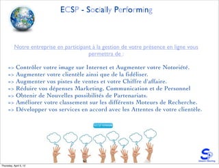 ECSP - Socially Performing



           Notre entreprise en participant à la gestion de votre présence en ligne vous
                                         permettra de :

     =>     Contrôler votre image sur Internet et Augmenter votre Notoriété.
     =>     Augmenter votre clientèle ainsi que de la fidéliser.
     =>     Augmenter vos pistes de ventes et votre Chiffre d'affaire.
     =>     Réduire vos dépenses Marketing, Communication et de Personnel
     =>     Obtenir de Nouvelles possibilités de Partenariats.
     =>     Améliorer votre classement sur les différents Moteurs de Recherche.
     =>     Développer vos services en accord avec les Attentes de votre clientèle.




Thursday, April 5, 12
 