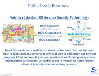 ECSP - Socially Performing


                 Voici la règle des 100 de chez Socially Performing :

                                     100% Simplicité
                                     100% Efﬁcacité
                                   100% Disponibilité
                                  100% Conﬁdentialité
                                    100% Satisfaction


     Nous faisons de cette règle notre devoir, notre force. Tout est fait pour
   aider le client dans ses démarches online et dans la réalisation des services
    proposés. Nous sommes là jour, soir, semaine et week-end pour que vous
     resplendissiez sur Internet. La conﬁance est le moteur de notre relation
                    client et la satisfaction notre carte de visite.


Thursday, April 5, 12
 