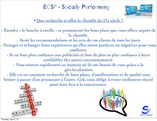 ECSP - Socially Performing

                        • Que recherche et offre la clientèle du 21e siècle ?

- Étendre « le bouche à oreille » et promouvoir les bons plans que vous offrez auprès de
                                         la clientèle.
          - Avoir les recommandations et les avis de vos clients de tous les jours.
- Partager et échanger leurs expériences qu’elles soient positives ou négatives pour vous
                                          améliorer.
   - Ils ne font plus conﬁance aux publicités et font de plus en plus conﬁance à leurs
                          semblables (les autres consommateurs).
        - Vous trouver rapidement au moment où ils ont besoin de vous grâce a la
                                      géo-localisation.
   - Elle est en constante recherche de bons plans, d’améliorations et de qualité sans
  hésiter à passer d’un prestataire à l’autre. Cela vous oblige à rester réellement réactif
                             pour faire face à la concurrence.




Thursday, April 5, 12
 