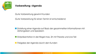 Vorbereitung –Agenda
Gute Vorbereitung gewinnt Kunden
Gute Vorbereitung für einen Termin ist entscheidend

Erstellung einer Agenda auf Basis der gesammelten Informationen mit
Zeitangaben und Speakern
Erstpräsentation in der Regel max. 2h mit Theorie und Live Teil
Freigabe der Agenda durch den Kunden

 