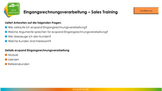 Eingangsrechnungsverarbeitung – Sales Training
Liefert Antworten auf die folgenden Fragen:

Wie verkaufe ich ecspand Eingangsrechnungsverarbeitung?
Welche Argumente sprechen für ecspand Eingangsrechnungsverarbeitung?
Wie überzeuge ich den Kunden?
Welche Kunden sind interessant?
Details ecspand Eingangsrechnungsverarbeitung
Module
Lizenzen
Referenzkunden

 