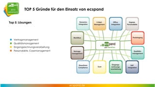 TOP 5 Gründe für den Einsatz von ecspand
Top 5: Lösungen

Vertragsmanagement
Qualitätsmanagement
Eingangsrechnungsverarbeitung
Personalakte, Casemanagement

 