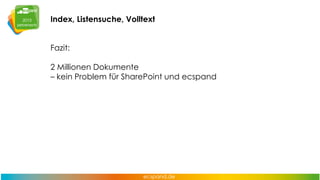 Index, Listensuche, Volltext
Fazit:
2 Millionen Dokumente
– kein Problem für SharePoint und ecspand

 