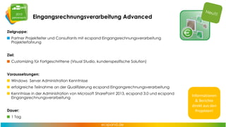 Eingangsrechnungsverarbeitung Advanced
Zielgruppe:

Partner Projektleiter und Consultants mit ecspand Eingangsrechnungsverarbeitung
Projekterfahrung
Ziel:
Customizing für Fortgeschrittene (Visual Studio, kundenspezifische Solution)
Voraussetzungen:
Windows Server Administration Kenntnisse
erfolgreiche Teilnahme an der Qualifizierung ecspand Eingangsrechnungsverarbeitung
Kenntnisse in der Administration von Microsoft SharePoint 2013, ecspand 3.0 und ecspand
Eingangsrechnungsverarbeitung
Dauer:
1 Tag

Informationen
& Berichte
direkt aus den
Projekten!

 