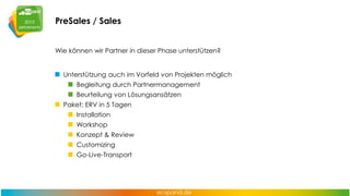 PreSales / Sales
Wie können wir Partner in dieser Phase unterstützen?
Unterstützung auch im Vorfeld von Projekten möglich
Begleitung durch Partnermanagement
Beurteilung von Lösungsansätzen
Paket: ERV in 5 Tagen
Installation
Workshop
Konzept & Review
Customizing

Go-Live-Transport

 