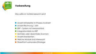Vorbereitung
Was sollte im Vorfeld bekannt sein?

Anzahl Mitarbeiter im Prozess involviert
Anzahl Rechnung / Jahr
ERP – System mit Versionsstand
Integrationstiefe ins ERP
Zentrales oder dezentrales Scannen
Anzahl Mandanten
Welche Module sind interessant
SharePoint vorhanden/Strategie

 