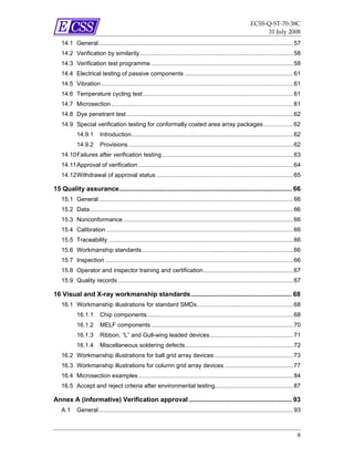ECSS‐Q‐ST‐70‐38C 
                                                                                                                  31 July 2008 
   14.1 General..................................................................................................................... 57
   14.2 Verification by similarity ............................................................................................ 58
   14.3 Verification test programme ..................................................................................... 58
   14.4 Electrical testing of passive components ................................................................. 61
   14.5 Vibration ................................................................................................................... 61
   14.6 Temperature cycling test .......................................................................................... 61
   14.7 Microsection ............................................................................................................. 61
   14.8 Dye penetrant test .................................................................................................... 62
   14.9 Special verification testing for conformally coated area array packages.................. 62
           14.9.1       Introduction................................................................................................. 62
           14.9.2       Provisions ................................................................................................... 62
   14.10 Failures after verification testing............................................................................... 63
   14.11 Approval of verification ............................................................................................. 64
   14.12 Withdrawal of approval status .................................................................................. 65

15 Quality assurance................................................................................................ 66
   15.1 General..................................................................................................................... 66
   15.2 Data.......................................................................................................................... 66
   15.3 Nonconformance ...................................................................................................... 66
   15.4 Calibration ................................................................................................................ 66
   15.5 Traceability ............................................................................................................... 66
   15.6 Workmanship standards........................................................................................... 66
   15.7 Inspection ................................................................................................................. 66
   15.8 Operator and inspector training and certification...................................................... 67
   15.9 Quality records ......................................................................................................... 67

16 Visual and X-ray workmanship standards........................................................ 68
   16.1 Workmanship illustrations for standard SMDs.......................................................... 68
           16.1.1       Chip components........................................................................................ 68
           16.1.2       MELF components ..................................................................................... 70
           16.1.3       Ribbon, “L” and Gull-wing leaded devices.................................................. 71
           16.1.4       Miscellaneous soldering defects................................................................. 72
   16.2 Workmanship illustrations for ball grid array devices ............................................... 73
   16.3 Workmanship illustrations for column grid array devices ......................................... 77
   16.4 Microsection examples ............................................................................................. 84
   16.5 Accept and reject criteria after environmental testing............................................... 87

Annex A (informative) Verification approval ......................................................... 93
   A.1     General..................................................................................................................... 93



                                                                                                                                        8 
 