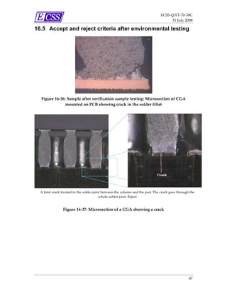 ECSS‐Q‐ST‐70‐38C 
                                                                                     31 July 2008 

16.5 Accept and reject criteria after environmental testing




  Figure 16‐36: Sample after verification sample testing: Microsection of CGA 
               mounted on PCB showing crack in the solder fillet 




  A fatal crack located in the solder joint between the column and the pad. The crack goes through the 
                                          whole solder joint: Reject 


                Figure 16‐37: Microsection of a CGA showing a crack 




                                                                                                  87 
 