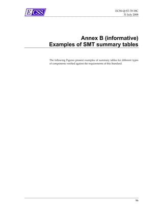 ECSS‐Q‐ST‐70‐38C 
                                                                     31 July 2008 




           Annex B (informative)
Examples of SMT summary tables

The  following  Figures  present  examples  of  summary  tables  for  different  types 
of components verified against the requirements of this Standard. 




                                                                                   96 
 