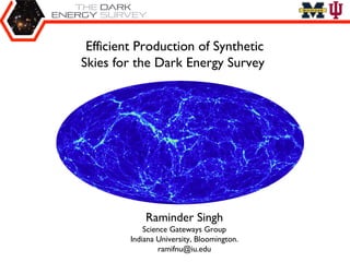 Efficient Production of Synthetic
Skies for the Dark Energy Survey




             Raminder Singh
             Science Gateways Group
         Indiana University, Bloomington.
                  ramifnu@iu.edu
 