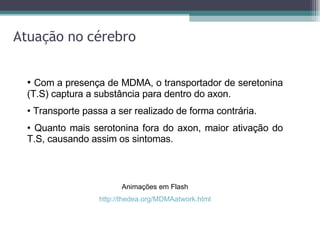 Atuação no cérebro Com a presença de MDMA, o transportador de seretonina (T.S) captura a substância para dentro do axon. Transporte passa a ser realizado de forma contrária. Quanto mais serotonina fora do axon, maior ativação do T.S, causando assim os sintomas. Animações em Flash http://thedea.org/MDMAatwork.html 