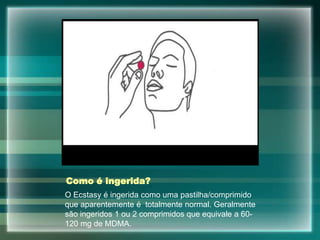 Como é ingerida?
O Ecstasy é ingerida como uma pastilha/comprimido
que aparentemente é totalmente normal. Geralmente
são ingeridos 1 ou 2 comprimidos que equivale a 60-
120 mg de MDMA.
 