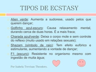TIPOS DE ECSTASY
 Alien verde: Aumenta a sudorese, usado pelos que
querem dançar;
 Golfinho azul-escuro: Causa relaxamento mental,
durando cerca de duas horas. É a mais fraca;
 Charada azul/verde: Deixa o corpo mole e sem controle
do reflexo (muito usado em relações sexuais);
 Shazam (símbolo de raio): Tem efeito eufórico e
estimulante, aumentando a vontade de dançar;
 F1 (escuro): Resistente no organismo mesmo com
ingestão de muita água;
Por Isabela Trevisan Theodoro.
 