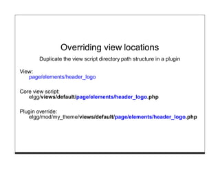Overriding view locations
       Duplicate the view script directory path structure in a plugin

View:
   page/elements/header_logo

Core view script:
   elgg/views/default/page/elements/header_logo.php

Plugin override:
    elgg/mod/my_theme/views/default/page/elements/header_logo.php
 