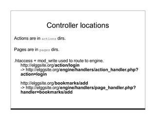 Controller locations
Actions are in actions dirs.

Pages are in pages dirs.

.htaccess + mod_write used to route to engine.
    http://elggsite.org/action/login
    -> http://elggsite.org/engine/handlers/action_handler.php?
    action=login
   http://elggsite.org/bookmarks/add
   -> http://elggsite.org/engine/handlers/page_handler.php?
   handler=bookmarks/add
 