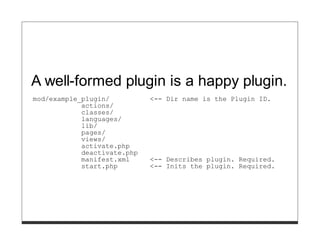 A well-formed plugin is a happy plugin.
mod/example_plugin/          <-- Dir name is the Plugin ID.
            actions/
            classes/
            languages/
            lib/
            pages/
            views/
            activate.php
            deactivate.php
            manifest.xml     <-- Describes plugin. Required.
            start.php        <-- Inits the plugin. Required.
 
