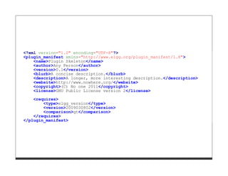 <?xml version="1.0" encoding="UTF-8"?>
<plugin_manifest xmlns="http://www.elgg.org/plugin_manifest/1.8">
    <name>Plugin Skeleton</name>
    <author>Any Person</author>
    <version>0.1</version>
    <blurb>A concise description.</blurb>
    <description>A longer, more interesting description.</description>
    <website>http://www.nowhere.org/</website>
    <copyright>(C) No one 2011</copyright>
    <license>GNU Public License version 2</license>

    <requires>
        <type>elgg_version</type>
        <version>2009030802</version>
        <comparison>gt</comparison>
    </requires>
</plugin_manifest>
 