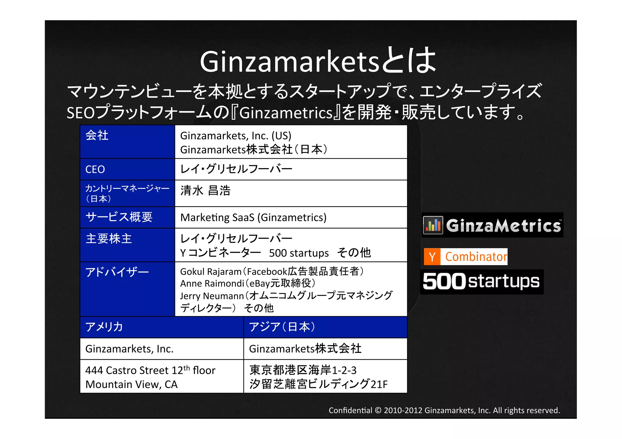 Ginzamarketsとは	
  
マウンテンビューを本拠とするスタートアップで、エンタープライズ	
  
SEOプラットフォームの『Ginzametrics』を開発・販売しています。	
  
 会社	
                          Ginzamarkets,	
  Inc.	
  (US)	
  
                               Ginzamarkets株式会社（日本）	
 CEO	
                         レイ・グリセルフーバー	
 カントリーマネージャー                   清水 昌浩	
 （日本）	

 サービス概要	
                      Marke4ng	
  SaaS	
  (Ginzametrics)	
 主要株主	
                        レイ・グリセルフーバー	
  
                               Y	
  コンビネーター 500	
  startups その他	
 アドバイザー	
                      Gokul	
  Rajaram（Facebook広告製品責任者）	
  
                               Anne	
  Raimondi（eBay元取締役）	
  
                               Jerry	
  Neumann（オムニコムグループ元マネジング
                               ディレクター） その他	
 アメリカ	
                                        アジア（日本）	
 Ginzamarkets,	
  Inc.	
                       Ginzamarkets株式会社	
 444	
  Castro	
  Street	
  12th	
  ﬂoor	
     東京都港区海岸1-­‐2-­‐3	
  
 Mountain	
  View,	
  CA	
                     汐留芝離宮ビルディング21F	

                                                                  Conﬁden4al	
  ©	
  2010-­‐2012	
  Ginzamarkets,	
  Inc.	
  All	
  rights	
  reserved.	
 