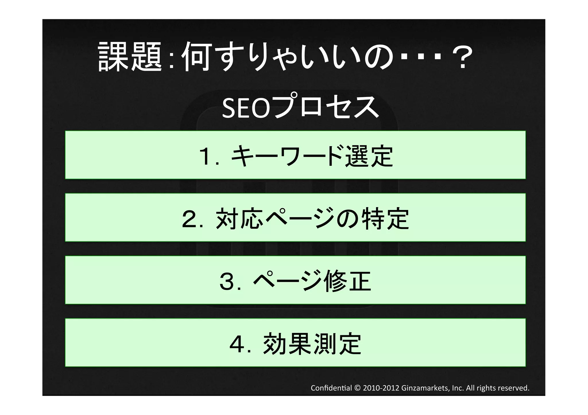課題：何すりゃいいの・・・？	
  
     SEOプロセス	
  
    １．キーワード選定	

   ２．対応ページの特定	

     ３．ページ修正	

      ４．効果測定	
          Conﬁden4al	
  ©	
  2010-­‐2012	
  Ginzamarkets,	
  Inc.	
  All	
  rights	
  reserved.	
 