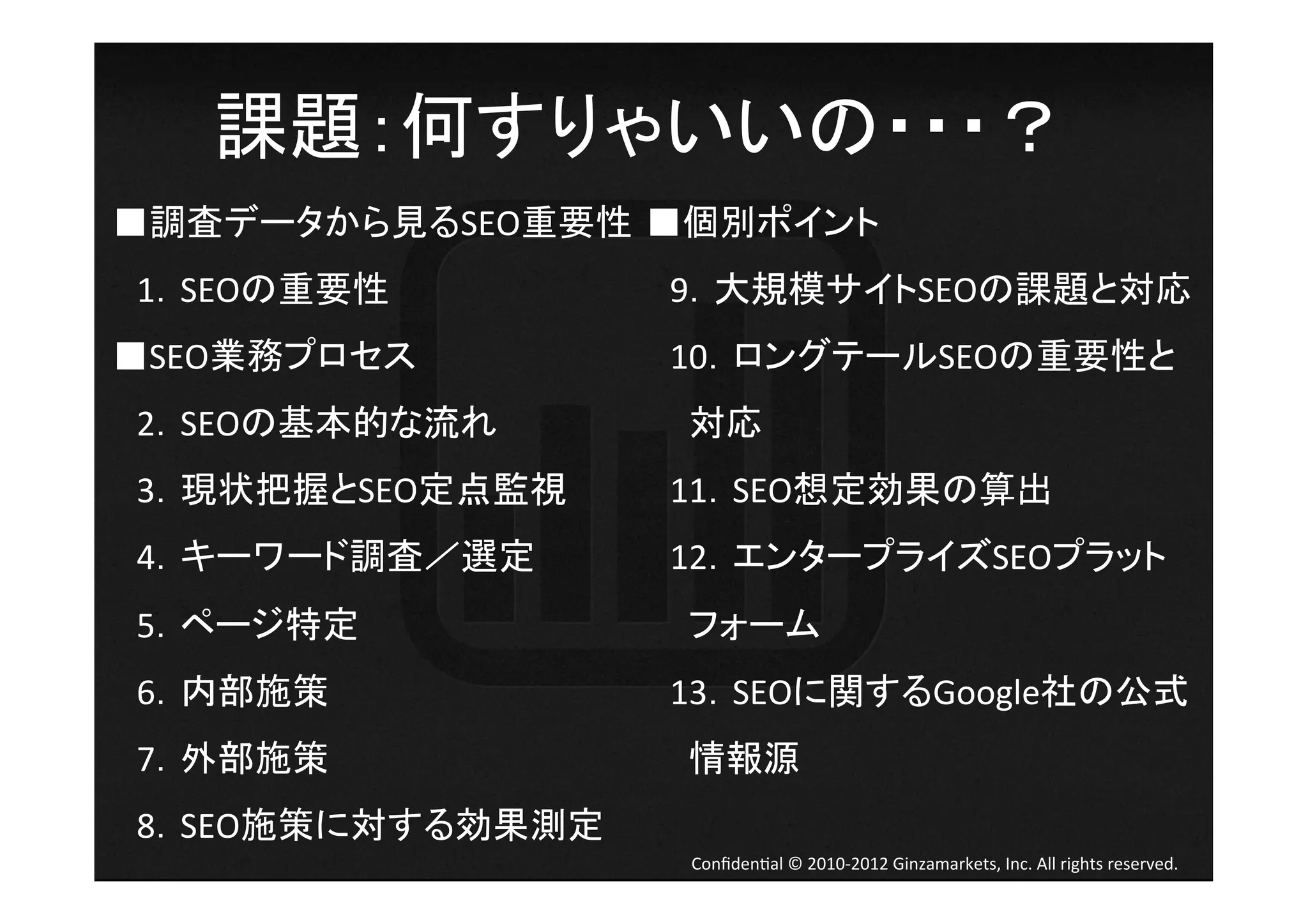 課題：何すりゃいいの・・・？	
  
■調査データから見るSEO重要性 	
                 ■個別ポイント 	
 1．SEOの重要性	
          9．大規模サイトSEOの課題と対応	
■SEO業務プロセス 	
         10．ロングテールSEOの重要性と	
  
 2．SEOの基本的な流れ	
       対応	
 3．現状把握とSEO定点監視	
     11．SEO想定効果の算出	
 4．キーワード調査／選定	
       12．エンタープライズSEOプラット
 5．ページ特定	
            フォーム	
 6．内部施策	
             13．SEOに関するGoogle社の公式
 7．外部施策	
             情報源	
 8．SEO施策に対する効果測定	
                      Conﬁden4al	
  ©	
  2010-­‐2012	
  Ginzamarkets,	
  Inc.	
  All	
  rights	
  reserved.	
 