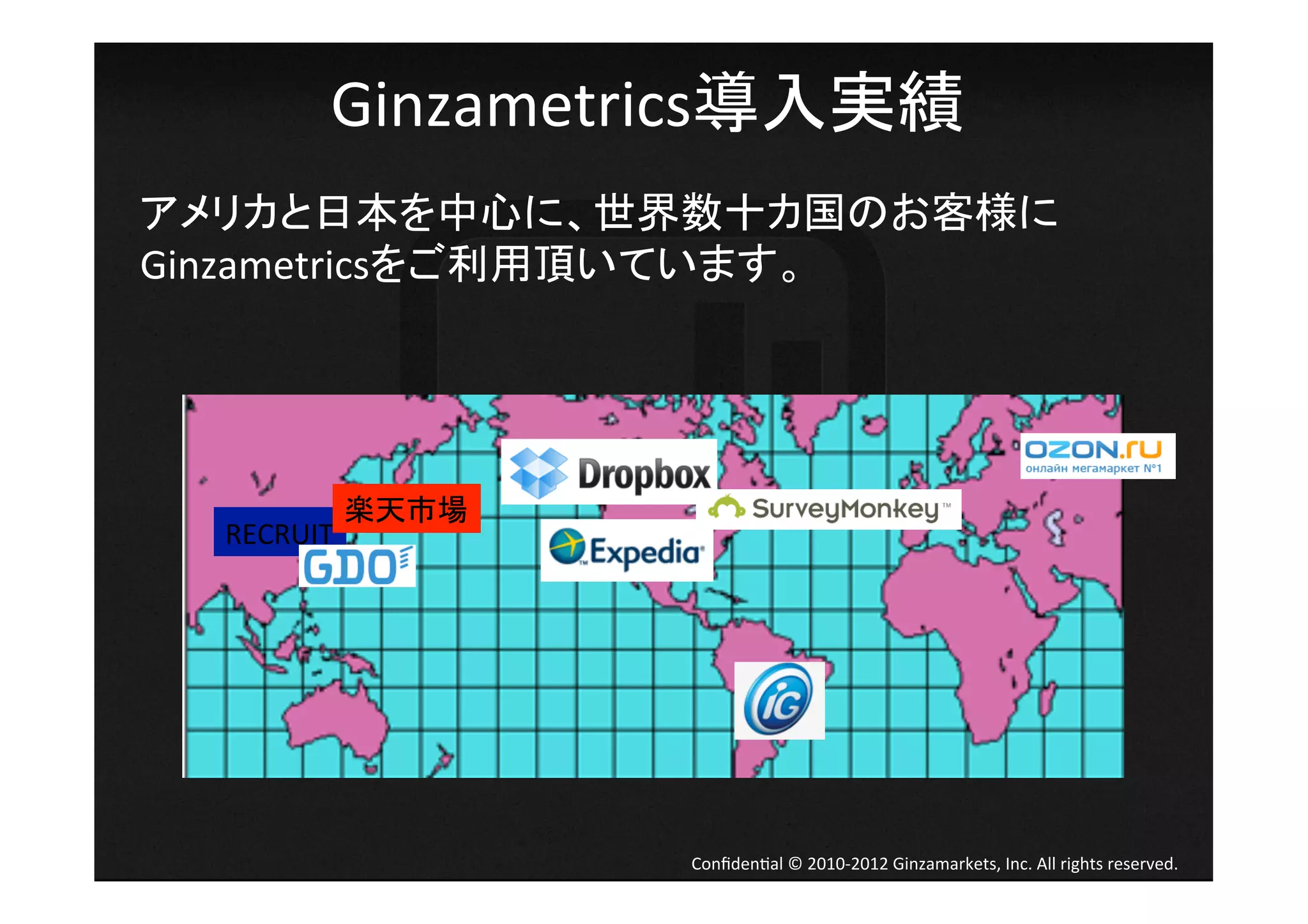 Ginzametrics導入実績	
アメリカと日本を中心に、世界数十カ国のお客様に
Ginzametricsをご利用頂いています。                	
  




          楽天市場	
  RECRUIT	




                   Conﬁden4al	
  ©	
  2010-­‐2012	
  Ginzamarkets,	
  Inc.	
  All	
  rights	
  reserved.	
 