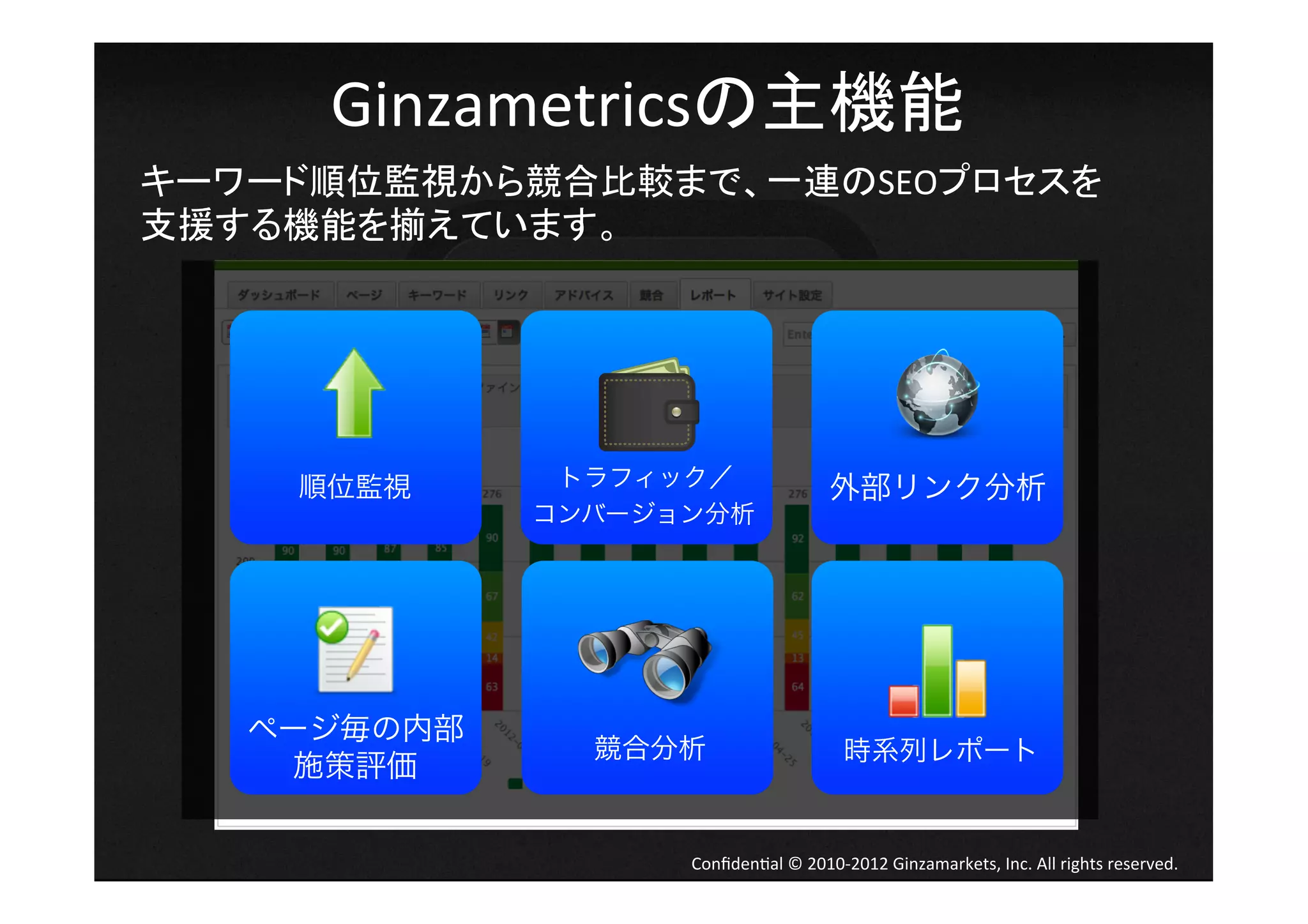 Ginzametricsの主機能	
キーワード順位監視から競合比較まで、一連のSEOプロセスを	
  
支援する機能を揃えています。	
  




     順位監視     トラフィック／                      外部リンク分析
             コンバージョン分析




   ページ毎の内部
               競合分析                          時系列レポート
     施策評価

                   Conﬁden4al	
  ©	
  2010-­‐2012	
  Ginzamarkets,	
  Inc.	
  All	
  rights	
  reserved.	
 