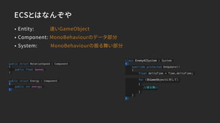 ECSとはなんぞや
• Entity: 速いGameObject
• Component: MonoBehaviourのデータ部分
• System: MonoBehaviourの振る舞い部分
public struct RotationSpeed : Component
{
public float Speed;
}
public struct Energy : Component
{
public int energy;
}
class EnemyAISystem : System
{
override protected OnUpdate()
{
float deltaTime = Time.deltaTime;
for (各GameObjectに対して)
{
//振る舞い
}
}
}
 