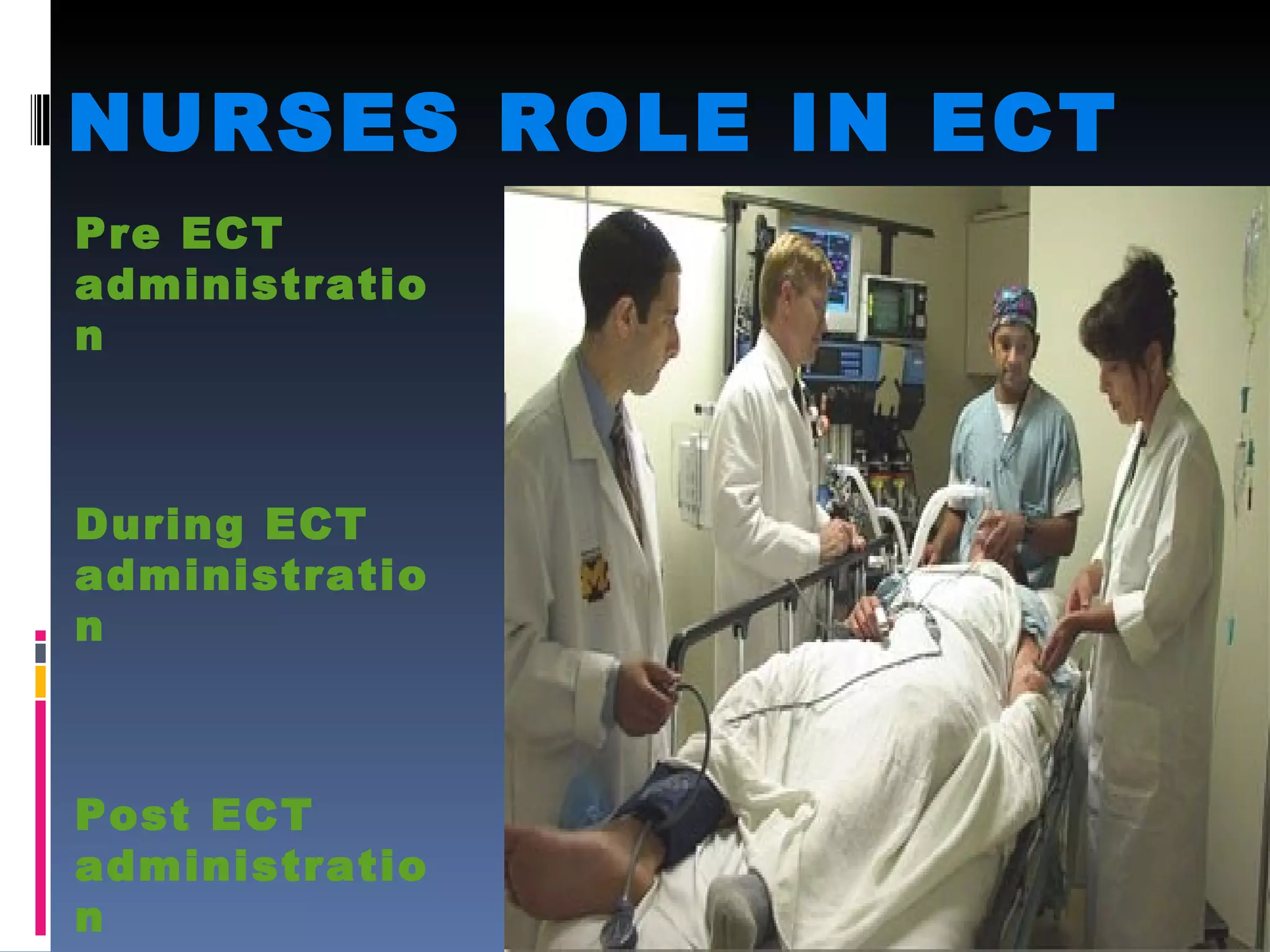 NURSES ROLE IN ECT Pre ECT administration During ECT administration Post ECT administration 