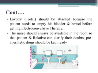 Cont….
• Lavotry (Toilet) should be attached because the
patient needs to empty his bladder & bowel before
getting Electroconvulsive Therapy.
• The nurse should always be available in the room so
that patient & Relative can clarify their doubts, pre-
anesthetic drugs should be kept ready
 