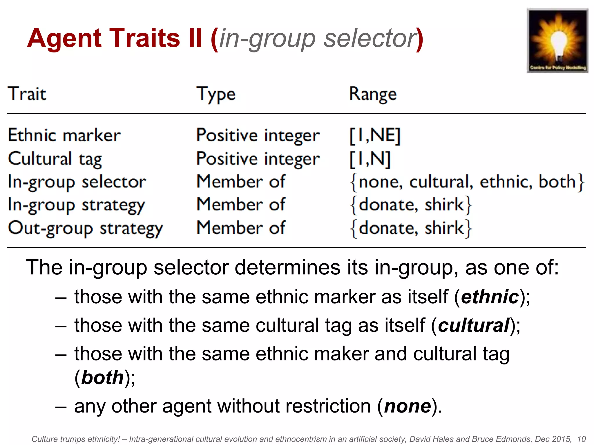 Culture trumps ethnicity! – Intra-generational cultural evolution and ethnocentrism in an artificial society, David Hales and Bruce Edmonds, Dec 2015, 10
Agent Traits II (in-group selector)
The in-group selector determines its in-group, as one of:
– those with the same ethnic marker as itself (ethnic);
– those with the same cultural tag as itself (cultural);
– those with the same ethnic maker and cultural tag
(both);
– any other agent without restriction (none).
 