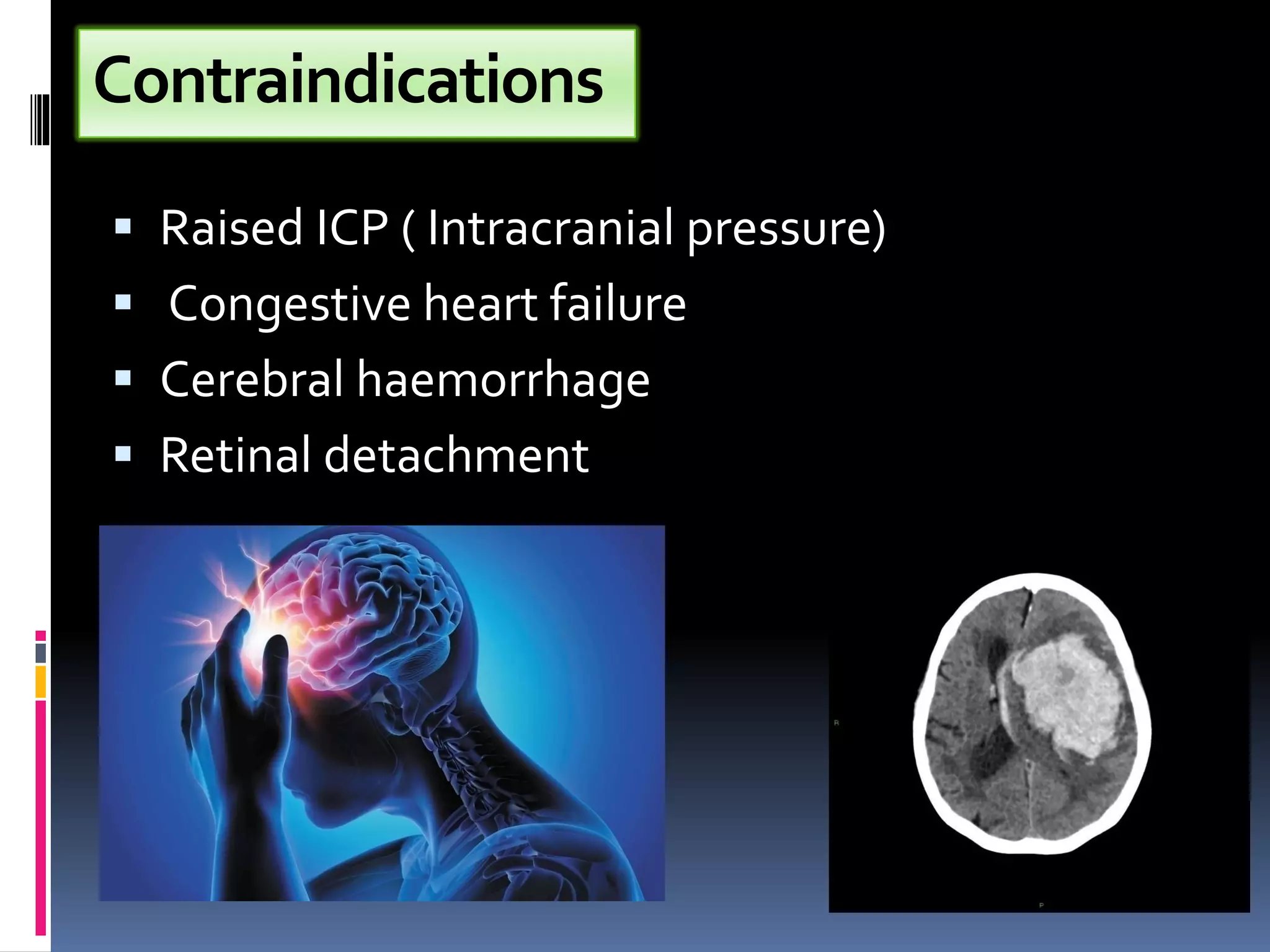 Contraindications
▪ Raised ICP ( Intracranial pressure)
▪ Congestive heart failure
▪ Cerebral haemorrhage
▪ Retinal detachment
 