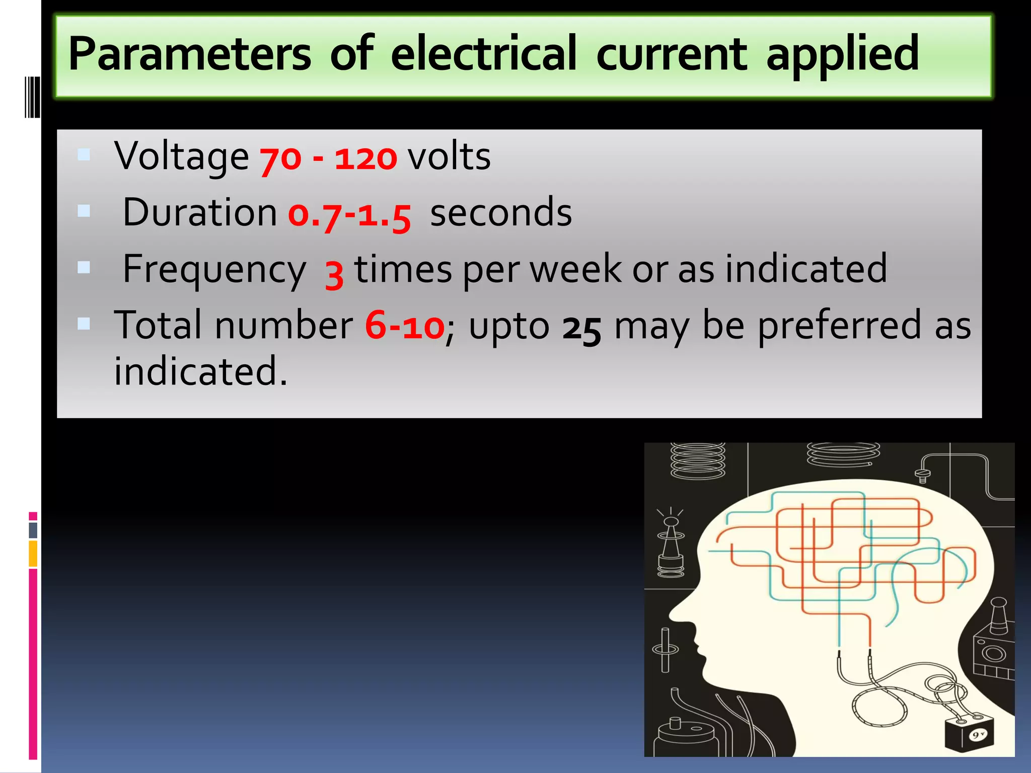 Parameters of electrical current applied
▪ Voltage 70 - 120 volts
▪ Duration 0.7-1.5 seconds
▪ Frequency 3 times per week or as indicated
▪ Total number 6-10; upto 25 may be preferred as
indicated.
 