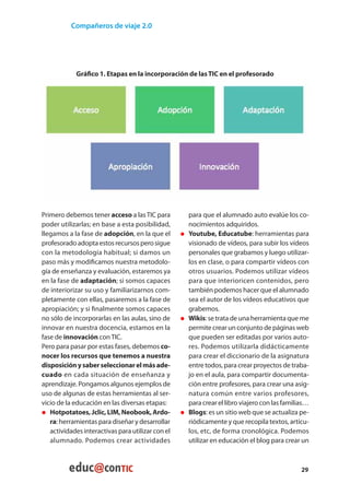 Compañeros de viaje 2.0




            Gráfico 1. Etapas en la incorporación de las TIC en el profesorado




Primero debemos tener acceso a las TIC para              para que el alumnado auto evalúe los co-
poder utilizarlas; en base a esta posibilidad,           nocimientos adquiridos.
llegamos a la fase de adopción, en la que el       • 	   Youtube, Educatube: herramientas para
profesorado adopta estos recursos pero sigue             visionado de vídeos, para subir los vídeos
con la metodología habitual; si damos un                 personales que grabamos y luego utilizar-
paso más y modificamos nuestra metodolo-                 los en clase, o para compartir vídeos con
gía de enseñanza y evaluación, estaremos ya              otros usuarios. Podemos utilizar vídeos
en la fase de adaptación; si somos capaces               para que interioricen contenidos, pero
de interiorizar su uso y familiarizarnos com-            también podemos hacer que el alumnado
pletamente con ellas, pasaremos a la fase de             sea el autor de los vídeos educativos que
apropiación; y si finalmente somos capaces               grabemos.
no sólo de incorporarlas en las aulas, sino de     • 	   Wikis: se trata de una herramienta que me
innovar en nuestra docencia, estamos en la               permite crear un conjunto de páginas web
fase de innovación con TIC.                              que pueden ser editadas por varios auto-
Pero para pasar por estas fases, debemos co-             res. Podemos utilizarla didácticamente
nocer los recursos que tenemos a nuestra                 para crear el diccionario de la asignatura
disposición y saber seleccionar el más ade-              entre todos, para crear proyectos de traba-
cuado en cada situación de enseñanza y                   jo en el aula, para compartir documenta-
aprendizaje. Pongamos algunos ejemplos de                ción entre profesores, para crear una asig-
uso de algunas de estas herramientas al ser-             natura común entre varios profesores,
vicio de la educación en las diversas etapas:            para crear el libro viajero con las familias…
• 	Hotpotatoes, Jclic, LIM, Neobook, Ardo-         • 	   Blogs: es un sitio web que se actualiza pe-
   ra: herramientas para diseñar y desarrollar           riódicamente y que recopila textos, artícu-
   actividades interactivas para utilizar con el         los, etc, de forma cronológica. Podemos
   alumnado. Podemos crear actividades                   utilizar en educación el blog para crear un



                                                                                                   29
 