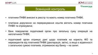 Зовнішній контроль
• платники ПНВК внесені в реєстр та мають номер платника ПНВК;
• платіжне доручення на перерахування коштів містить номер платника
ПНВК та отримувача;
• банк повідомляє податковий орган про загальну суму операцій на
неплатників ПНВК;
• податковий орган отримує дані щодо платежів на користь ФО та
нерезидентів від платників ПНВК (декларація, звіти), а якщо є відмінності
з загальною сумою платежів, отриманою від банку – на запит.
11
 