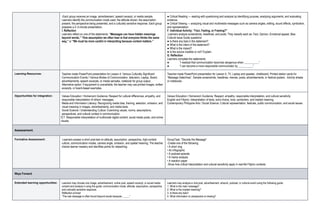 -Each group receives an image, advertisement, speech excerpt, or media sample.
Learners identify the communication mode used, the attitude shown, the assumption
present, the perspective being presented, and a culturally sensitive response. Each group
prepares a 2–3-minute presentation.
I. Reflection
Learners reflect on one of the statements: “Messages can have hidden meanings
beyond words,” “One assumption we often hear is that everyone thinks the same
way,” or “We must be more careful in interpreting because context matters.”
● Critical Reading — reading with questioning and analysis by identifying purpose, analyzing arguments, and evaluating
evidence.
● Critical Viewing — analyzing visual and multimedia messages such as camera angles, editing, sound effects, symbolism,
and representation.
F. Individual Activity: “Fact, Feeling, or Framing?”
-Learners analyze screenshots, headlines, and posts. They classify each as: Fact, Opinion, Emotional appeal, Bias
Cultural issue Guide questions:
● Is there any bias in the statement?
● What is the intent of the statement?
● What is the impact?
● Is the source credible or not? Explain.
G. Reflection
Learners complete the statements:
● “I realized that communication becomes dangerous when __________.”
● “I can become a more responsible communicator by __________.”
Learning Resources: Teacher-made PowerPoint presentation for Lesson 4: Various Culturally Significant
Communication Events / Various Modes of Communication, television, Laptop, Board,
advertisements, speech excerpts, or media samples, notebook for group output,
Alternative option: If equipment is unavailable, the teacher may use printed images, written
excerpts, or board-based examples.
Teacher-made PowerPoint presentation for Lesson 5, TV, Laptop and speaker, chalkboard, Printed station cards for
“Message Detectives”, Sample screenshots, headlines, memes, posts, advertisements, or festival posters , Activity sheets
or notebooks
Opportunities for integration: Values Education / Homeroom Guidance: Respect for cultural differences, empathy, and
responsible interpretation of others’ messages.
Media and Information Literacy: Recognizing media bias, framing, selection, omission, and
visual meaning in images, advertisements, and media texts.
Social Science / Understanding Culture: Examining values, norms, assumptions,
perspectives, and cultural context in communication.
ICT: Responsible interpretation of multimodal digital content, social media posts, and online
visuals.
Values Education / Homeroom Guidance: Respect, empathy, responsible interpretation, and cultural sensitivity.
English and Filipino: Interpretation of texts, word choice, tone, symbolism, and implied meaning.
Contemporary Philippine Arts / Social Science: Cultural representation, festivals, public communication, and social issues.
Assessment.
Formative Assessment: -Learners answer a short post-test on attitude, assumption, perspective, high-context
culture, communication modes, camera angle, omission, and spatial meaning. The teacher
checks learner mastery and identifies points for reteaching.
GroupTask: "Decode the Message"
-Create one of the following:
• A short vlog
• An infographic
• A podcast episode
• A meme analysis
• A reaction paper
-Show how critical interpretation and cultural sensitivity apply in real-life Filipino contexts.
Ways Forward.
Extended learning opportunities: Learners may choose one image, advertisement, online post, speech excerpt, or social media
content and analyze it using the guide: communication mode, attitude, assumption, perspective,
and culturally sensitive response.
Reflection prompt:
“The real message is often found beyond words because _____.”
Learners may analyze a viral post, advertisement, artwork, podcast, or cultural event using the following guide:
1. What is the main message?
2. What is the implied meaning?
3. Is there any bias?
4. What information or perspective is missing?
 
