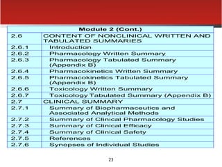 23
Module 2 (Cont.)
2.6 CONTENT OF NONCLINICAL WRITTEN AND
TABULATED SUMMARIES
2.6.1 Introduction
2.6.2 Pharmacology Written Summary
2.6.3 Pharmacology Tabulated Summary
(Appendix B)
2.6.4 Pharmacokinetics Written Summary
2.6.5 Pharmacokinetics Tabulated Summary
(Appendix B)
2.6.6 Toxicology Written Summary
2.6.7 Toxicology Tabulated Summary (Appendix B)
2.7 CLINICAL SUMMARY
2.7.1 Summary of Biopharmaceutics and
Associated Analytical Methods
2.7.2 Summary of Clinical Pharmacology Studies
2.7.3 Summary of Clinical Efficacy
2.7.4 Summary of Clinical Safety
2.7.5 References
2.7.6 Synopses of Individual Studies
 
