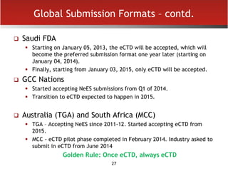 27
Global Submission Formats – contd.
 Saudi FDA
 Starting on January 05, 2013, the eCTD will be accepted, which will
become the preferred submission format one year later (starting on
January 04, 2014).
 Finally, starting from January 03, 2015, only eCTD will be accepted.
 GCC Nations
 Started accepting NeES submissions from Q1 of 2014.
 Transition to eCTD expected to happen in 2015.
 Australia (TGA) and South Africa (MCC)
 TGA – Accepting NeES since 2011-12. Started accepting eCTD from
2015.
 MCC - eCTD pilot phase completed in February 2014. Industry asked to
submit in eCTD from June 2014
Golden Rule: Once eCTD, always eCTD
 