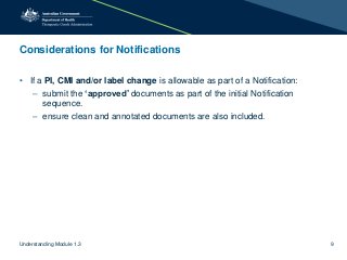 Considerations for Notifications
• If a PI, CMI and/or label change is allowable as part of a Notification:
– submit the ‘approved’ documents as part of the initial Notification
sequence.
– ensure clean and annotated documents are also included.
Understanding Module 1.3 9
 