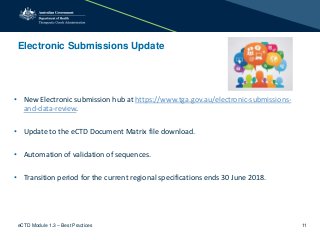 Electronic Submissions Update
• New Electronic submission hub at https://www.tga.gov.au/electronic-submissions-
and-data-review.
• Update to the eCTD Document Matrix file download.
• Automation of validation of sequences.
• Transition period for the current regional specifications ends 30 June 2018.
eCTD Module 1.3 – Best Practices 11
 
