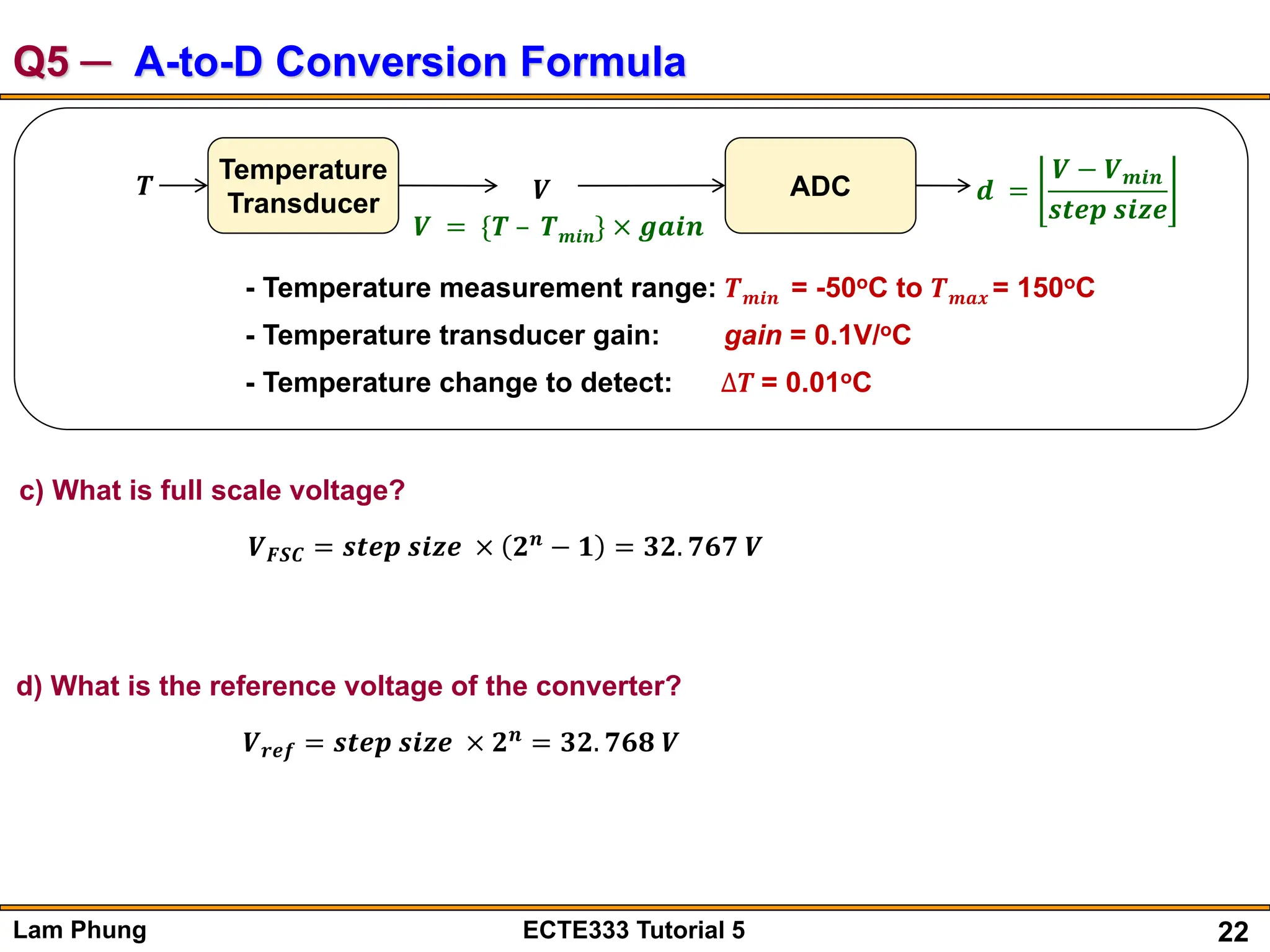 22
Lam Phung ECTE333 Tutorial 5
Q5 ─ A-to-D Conversion Formula
𝑻
Temperature
Transducer 𝑽 ADC 𝒅 =
𝑽 − 𝑽𝒎𝒊𝒏
𝒔𝒕𝒆𝒑 𝒔𝒊𝒛𝒆
𝑽 = {𝑻 – 𝑻𝒎𝒊𝒏} × 𝒈𝒂𝒊𝒏
- Temperature measurement range: 𝑻𝒎𝒊𝒏 = -50oC to 𝑻𝒎𝒂𝒙 = 150oC
- Temperature transducer gain: gain = 0.1V/oC
- Temperature change to detect: ∆𝑻 = 0.01oC
c) What is full scale voltage?
d) What is the reference voltage of the converter?
𝑽𝑭𝑺𝑪 = 𝒔𝒕𝒆𝒑 𝒔𝒊𝒛𝒆 × 𝟐𝒏
− 𝟏 = 𝟑𝟐. 𝟕𝟔𝟕 𝑽
𝑽𝒓𝒆𝒇 = 𝒔𝒕𝒆𝒑 𝒔𝒊𝒛𝒆 × 𝟐𝒏
= 𝟑𝟐. 𝟕𝟔𝟖 𝑽
 
